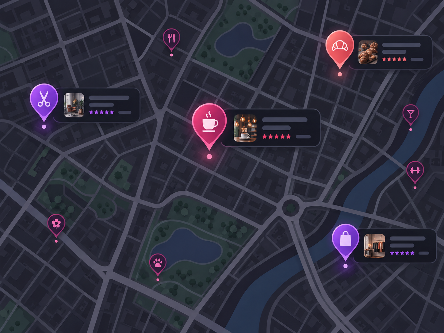 Illustrated local business map with colorful location pins
