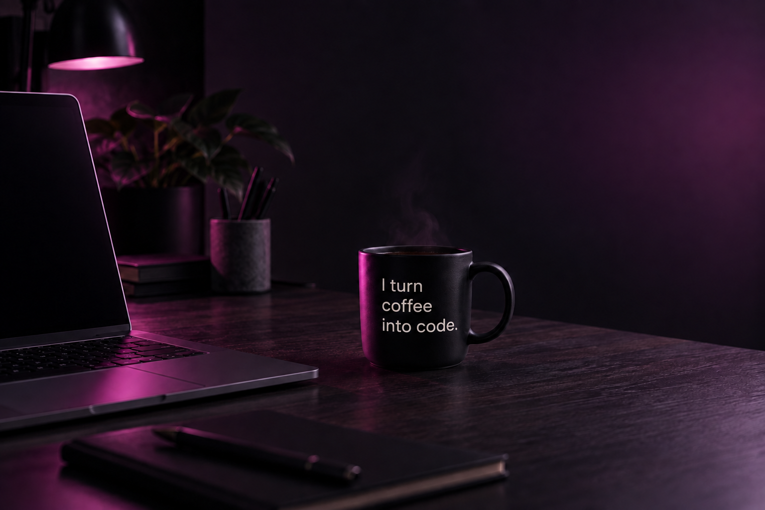 Laptop and coffee mug on a dark, magenta-lit workspace